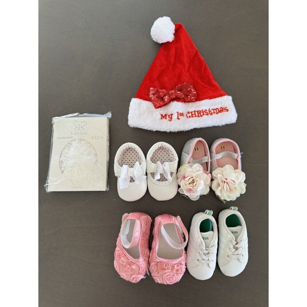 Baby Girl shoes lot Adidas moccasins 1st Christmas hat Koala tights Sz 6-12 M